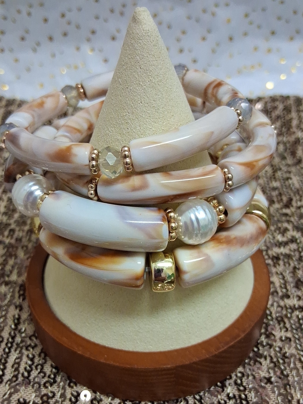 Neutral Marbled Tube Bead Stretch Bracelet Stack with Gold Accents (Set of 4)